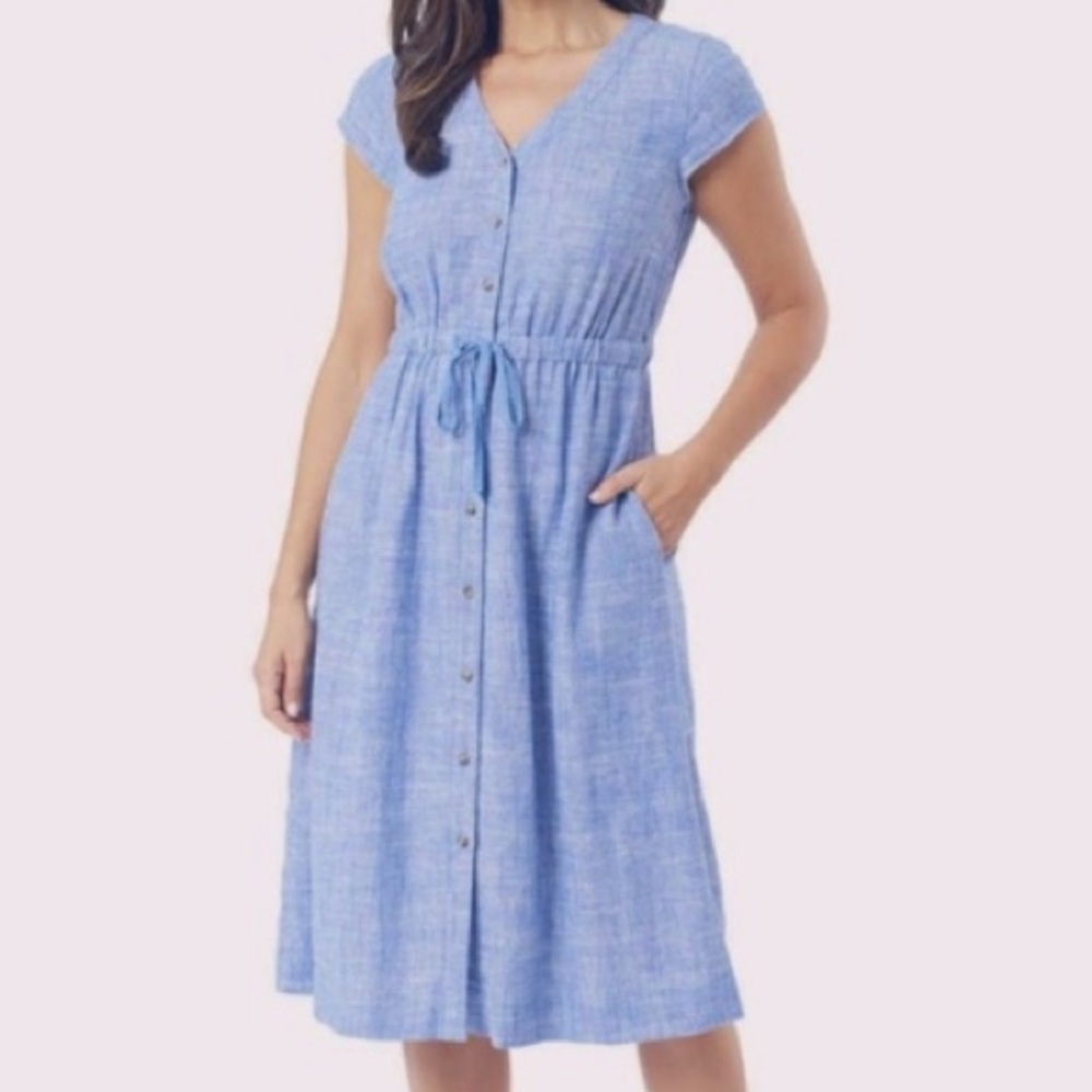 Briggs | LINEN Blend Blue Button Front Short Sleeve Dress